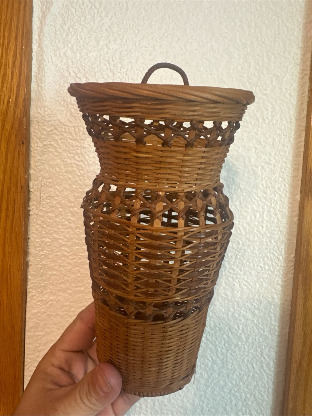 vintage two-toned woven wicker wall pocket basket